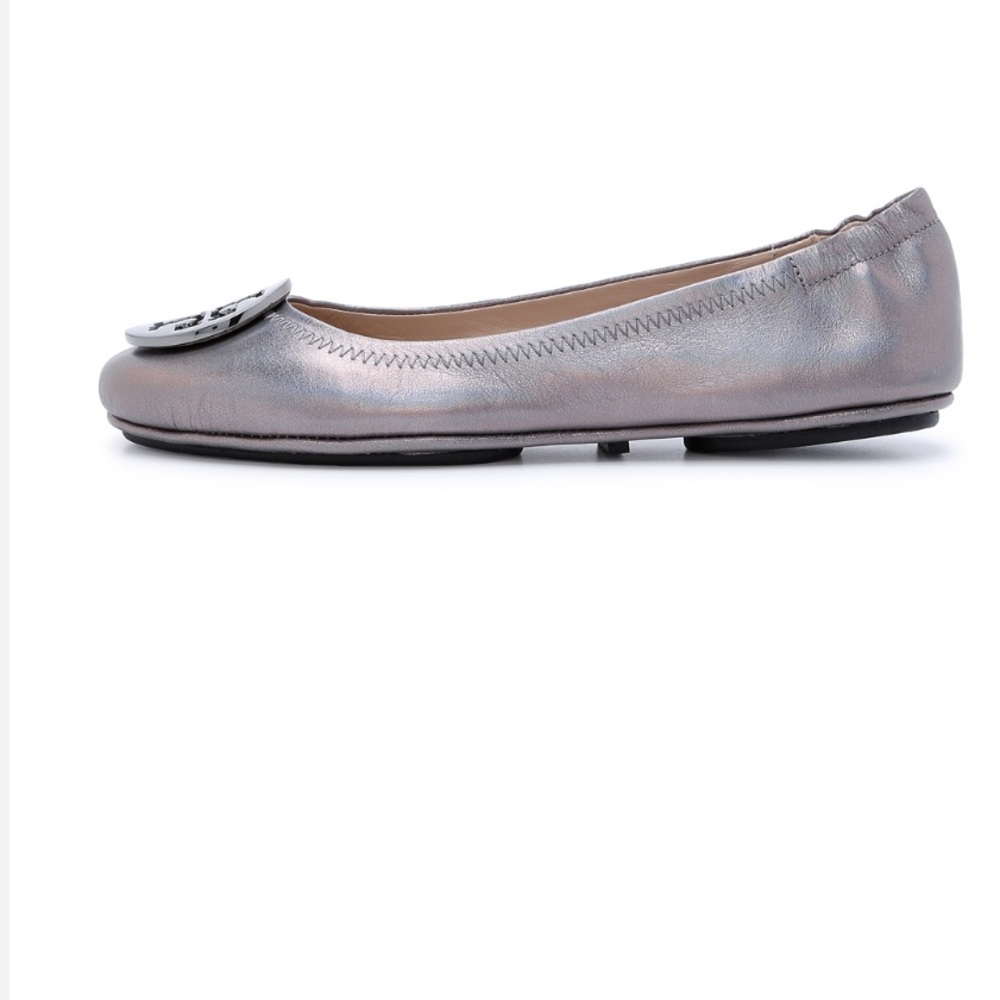 Tory Burch Minnie Travel Ballet Flats Gunmetal Gray Metallic Leather 7.5 - Picture 2 of 10